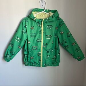 Cat & Jack Rain Jacket Size 3T Hooded Green Buses Vehicles Lined Toddler Boys